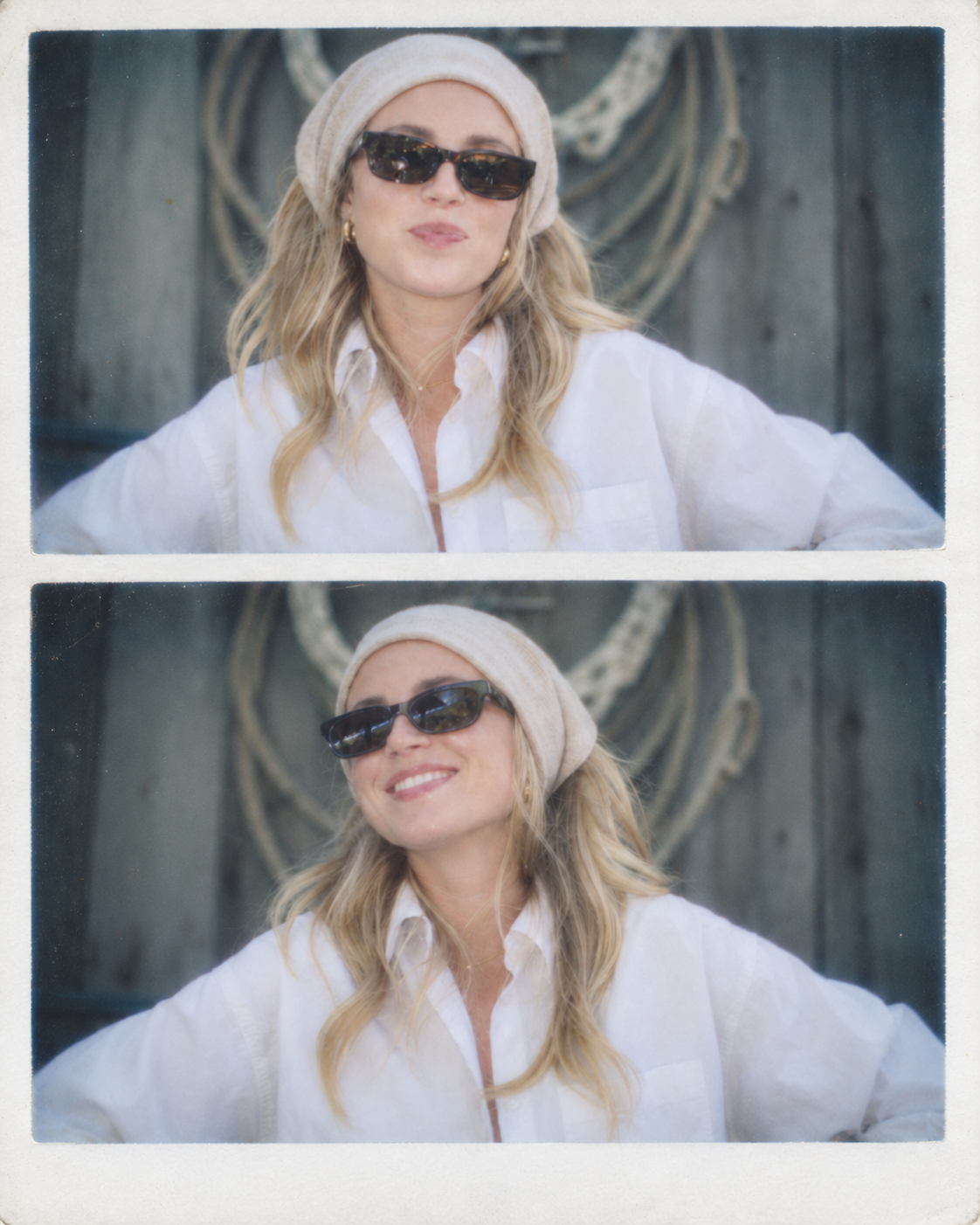 ETC co-founder Ellison Cryder in a headscarf and white shirt wearing black ETC sunglasses